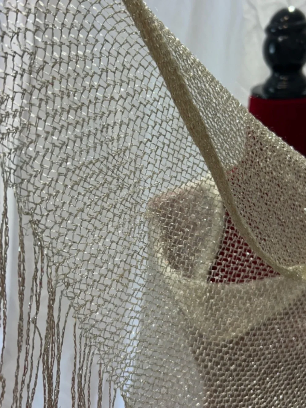 Glitter Metallic Champagne/Gold Shawl Wrap Open Weave Fringe Evening Scarf Glam